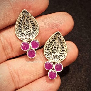 Boucles d&#39;oreilles indiennes en argent 925 faites main : pendentif tribal rose et zirconium