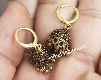 Golden Brass Jhumka Earrings: Handmade Enamel Indian Jhumki