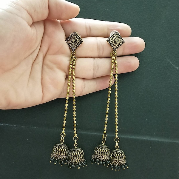 Golden Copper Kashmiri Chain Earrings, Antique Golden Look Oxidized Earrings, Handmade Oxidized Earrings, Black beads Jhumkas Earrings.