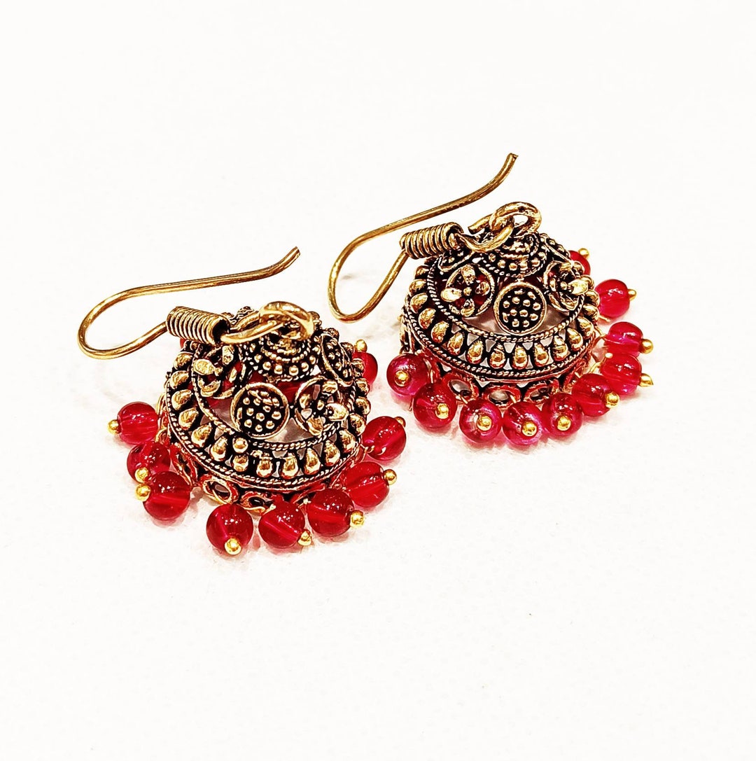 Traditional Golden Copper Jhumkas Earrings, Red Colour Beads Jhumkas