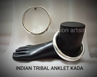 Par de pulseras de pies indios, pulsera de pies de latón plateado, pulsera de tobillo tradicional hecha a mano, tobillera Hansli Rajasthani Kada