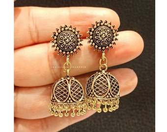Jhumka Indian Golden Copper Jhumkas Earrings/Gift for her/Handmade Oxidized Earrings/Tribal Earrings/Ethnic Earring/Gift f