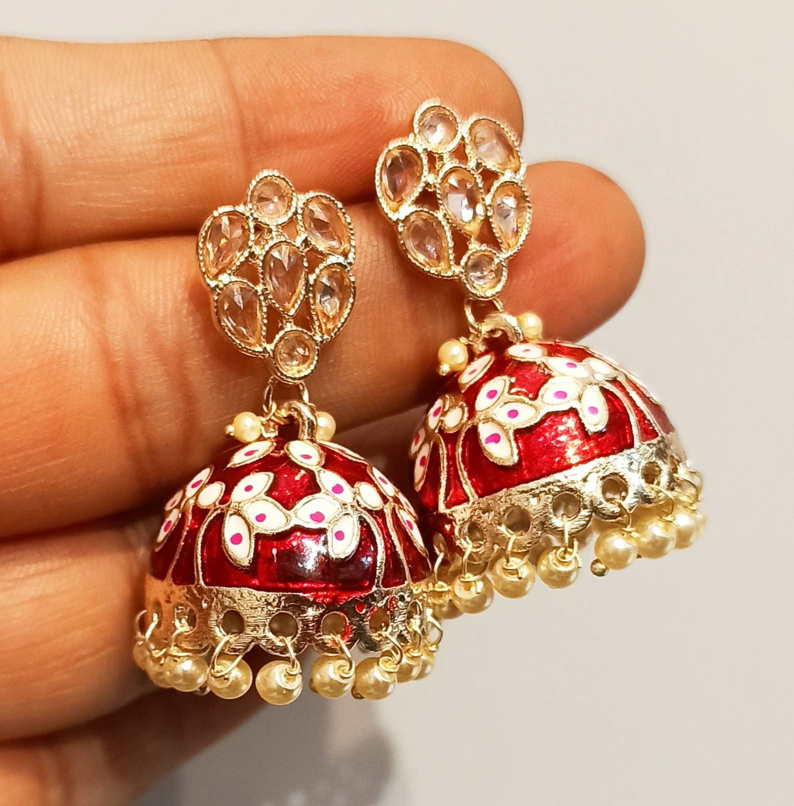 Silvermerc Designs Set of 2 Gold Plated Handcrafted Meenakari Ethnic Temple Jhumka  Earrings
