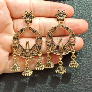 Boho Chandbali Earrings: Golden Copper Peacock Indian Jewelry