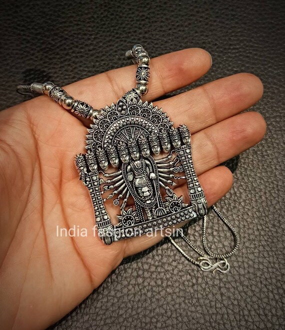 Durga Goddess Indian Oxidized Pendant Chain Necklace/Rajasthani Necklace/Antique Silver Plated Necklace/Traditional Indian Necklace.