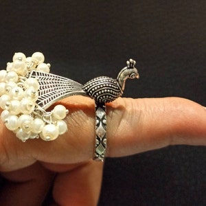 Handmade Brass Peacock Ring: Indian Pearl Adjustable Ring