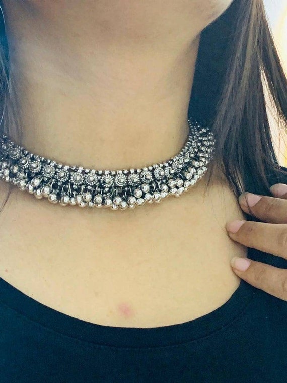 Silver oxidized choker discount
