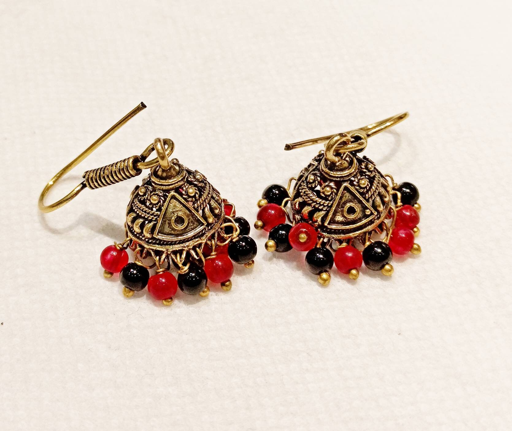 Small Golden Copper Jhumkas Earrings RedBlack Colour Beads Etsy