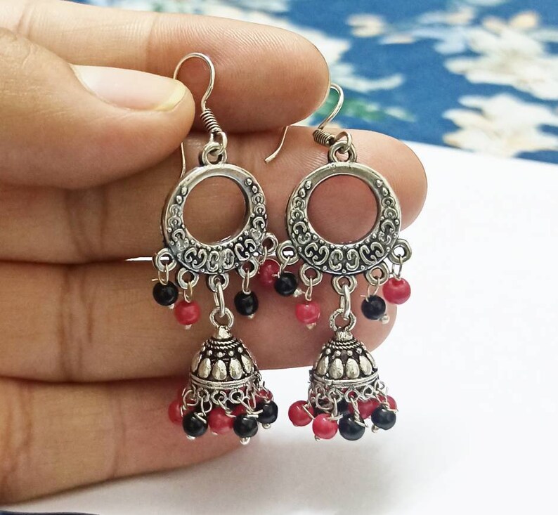 Black-Red Pearls Jhumkas Handmade jhumkas. Silver look Antique Jhumkas Earrings