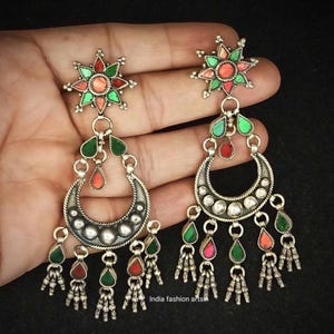 Handmade 925 Silver Earrings: Red Green Glass, Indian Tribal Dangler