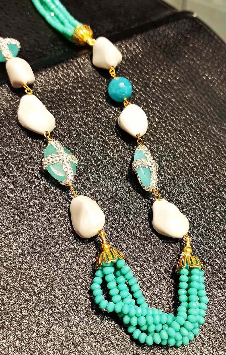 ethnic coated mother of pearl necklace set Handmade beads necklace. Sea green necklace