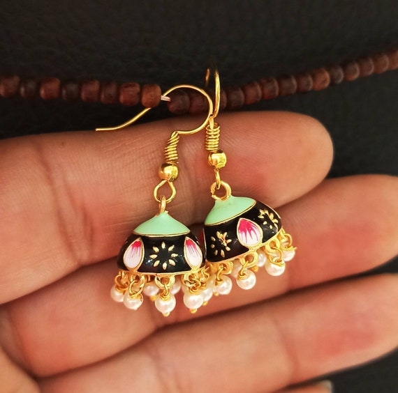 Elegant Dark Green Meenakari Work & Pearls Copper Small Jhumka Earrings -  South India Jewels
