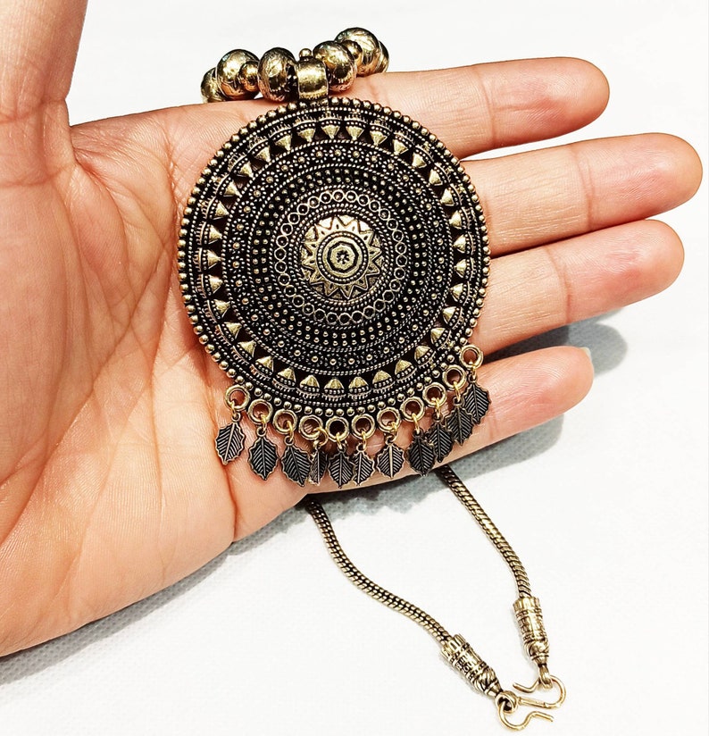Ethnic Golden Necklace,Antique look Necklace,Traditional Indian Necklace Trendy Indian Oxidized Pendant Chain Necklace