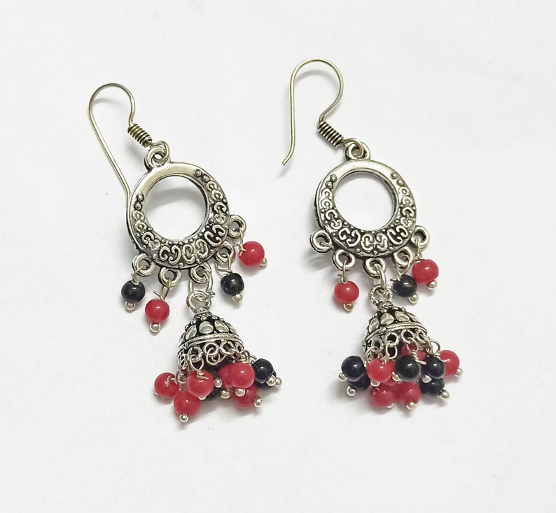 Black-Red Pearls Jhumkas Handmade jhumkas. Silver look Antique Jhumkas Earrings