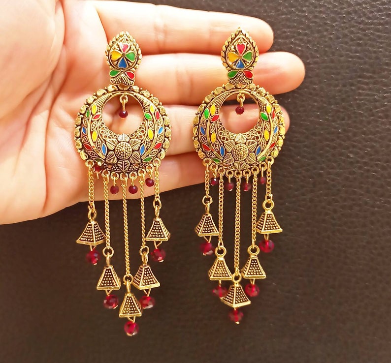 wedding Chandbali,Traditional Earrings Indian Earrings Bollywood Golden Earrings Handmade Earrings Anniversary Earrings