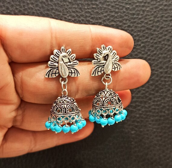 Traditional German Silver Oxidised Antique Jhumki Earrings