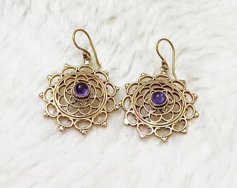 Handmade Amethyst Handmade mandala Boho Brass Earrings/Ethnic Earrings/Handmade Earrings/Golden Earrings