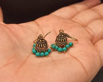 Oxidized Jhumka Earrings, Golden Turquoise Beads, Traditional Indian Jewelry