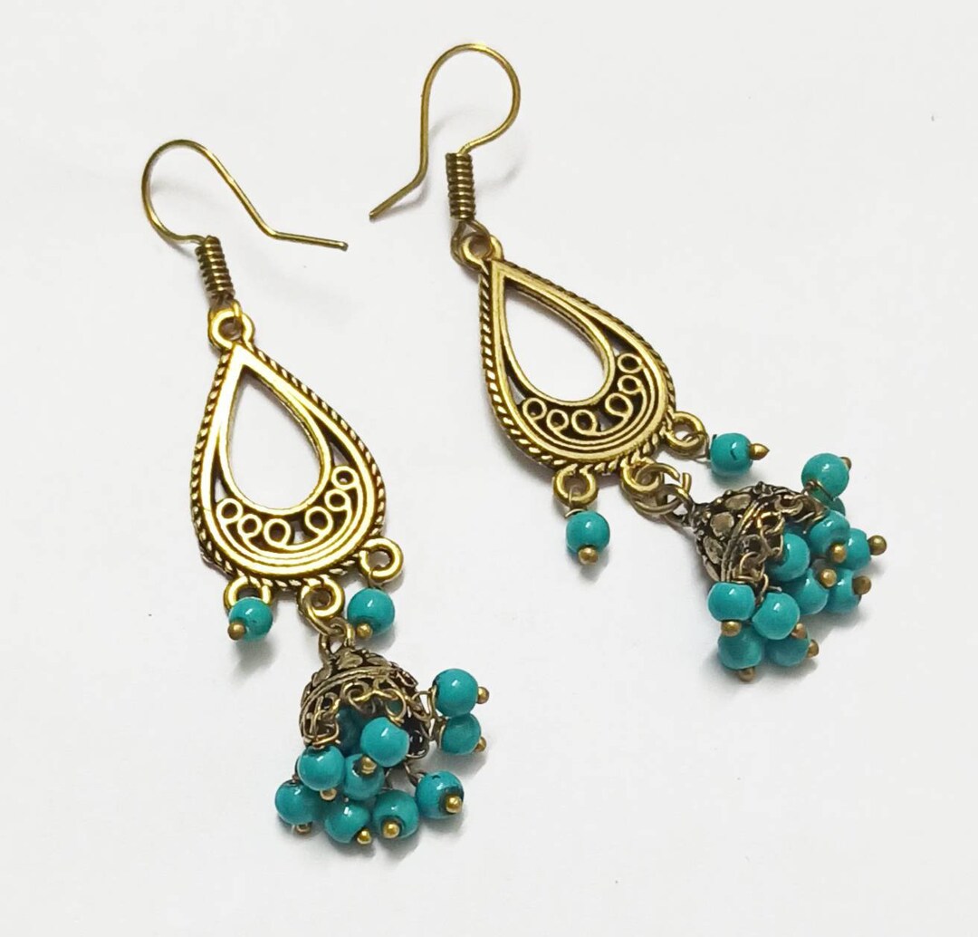 Ethnic Indian Golden Copper Jhumka Earrings/turquoise Colour Pearls
