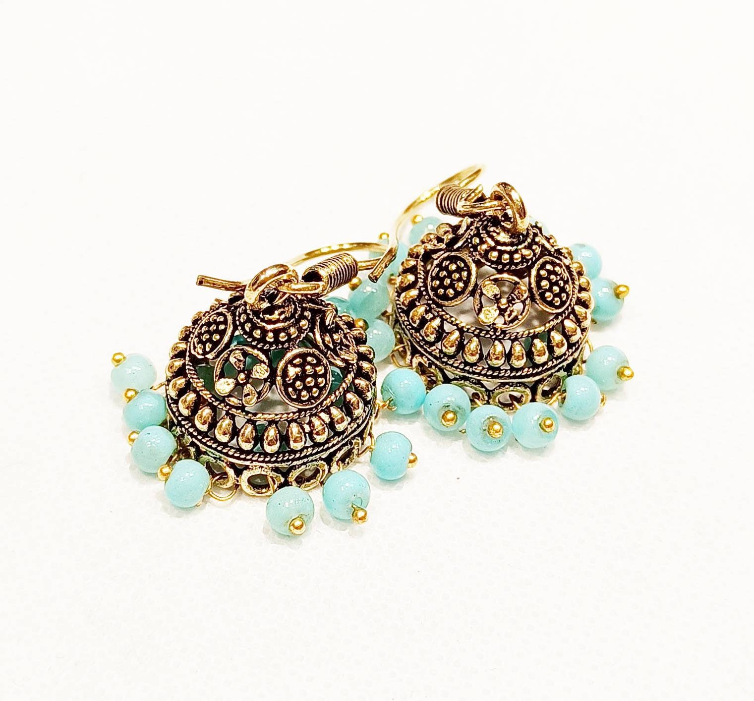 Traditional Golden Copper Jhumkas Earrings Sky Blue Colour Etsy