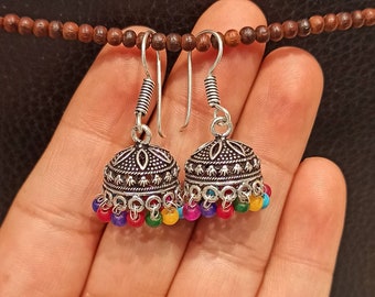 Trendy indian Oxidised jhumka Earrings/Traditional multicoloured Beads Jhumka/Handmade Silver Plated Jhumka Earrings.