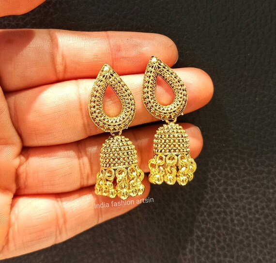 Earrings for Women Antique Golden jhumka Earrings Indian traditional Earrings Gift for her Ethnic Earrings Golden jhumka