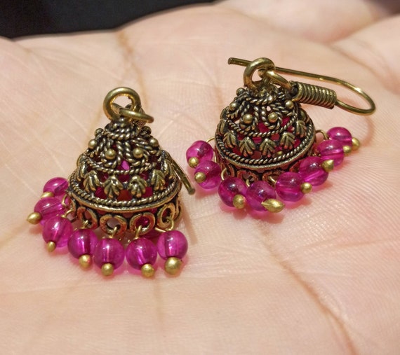 Pink Color Copper Gold Plated Handmade Kundan Jhumka Earring with Mang Tika  | ethnichype | Reviews on Judge.me