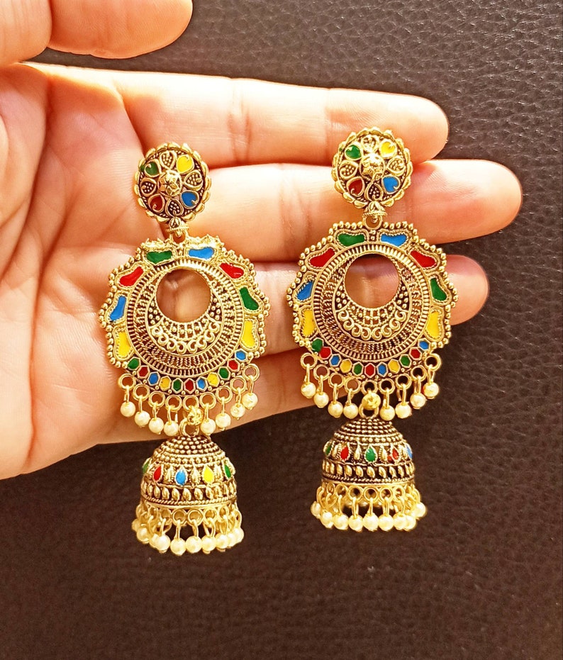 Handmade Earrings Anniversary Earrings Bollywood Golden Earrings wedding Chandbali,Traditional Earrings Indian Earrings