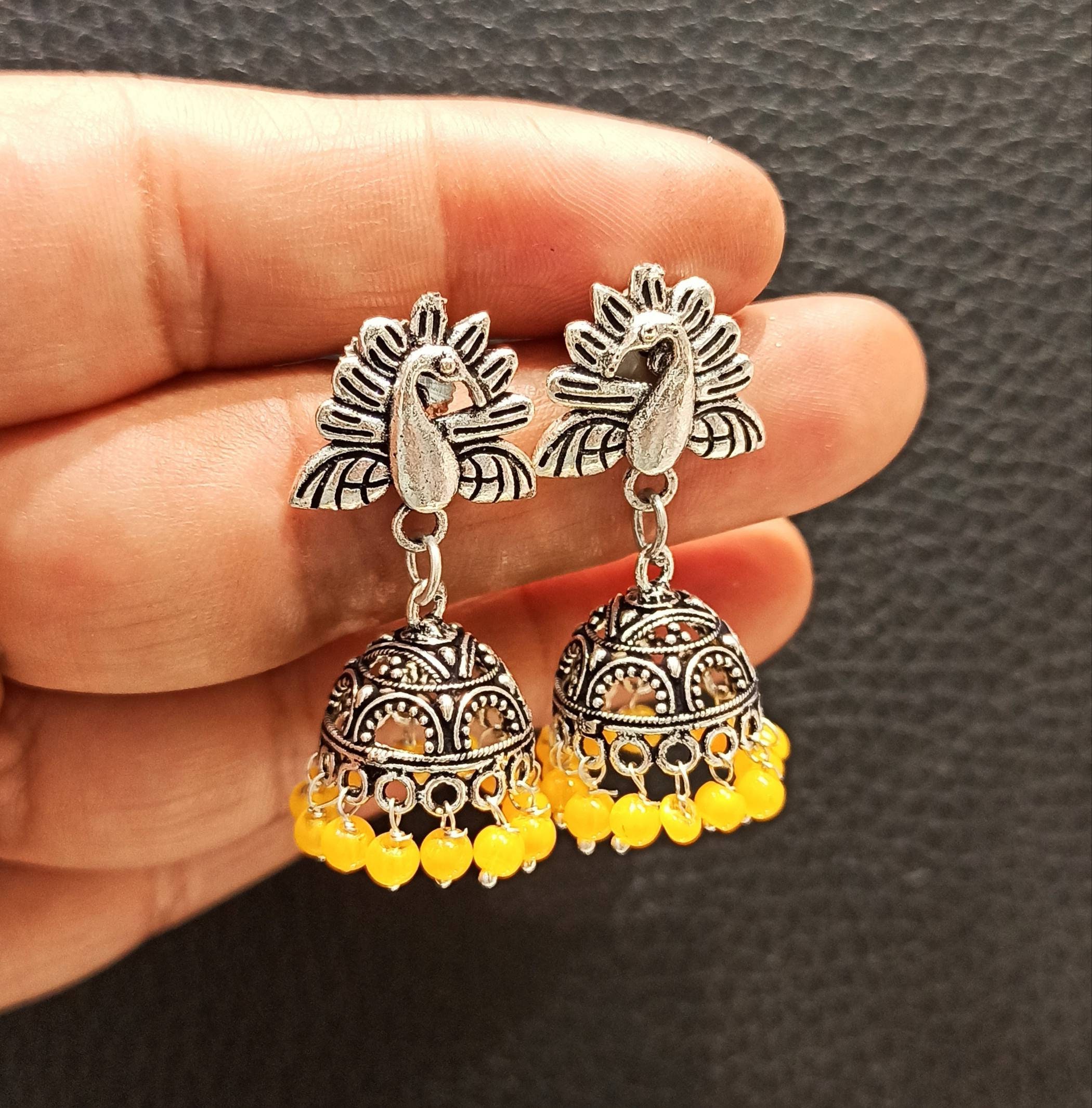Handmade Oxidized Silver Jhumki Earring For Women With Engraved Floral Stud  And Green Beads
