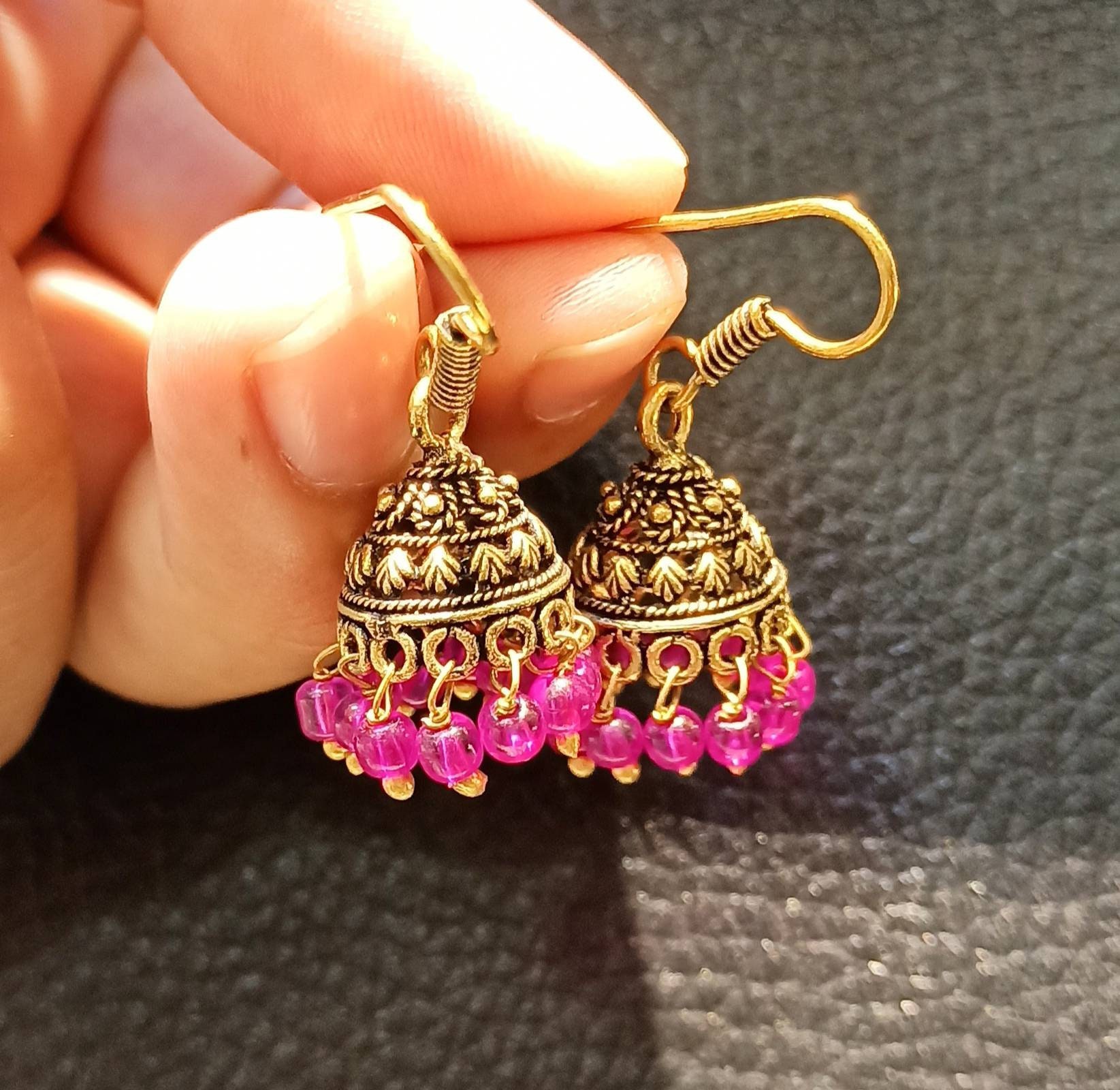 Small Golden Copper Jhumkas Earrings Pink Colour Beads Etsy UK