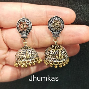 Dual Tone Jaipur Jhumkas, Oxidized Jhumkas, Light Weight Jhumkas