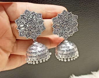 Om Brass jhumka Earrings/Mantra Jhumka Earrings/Silver Plated jhumka Earrings,Jaipuri Earrings.