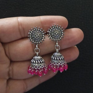 Oxidized Jhumka Earrings: Handmade Indian Bollywood Style with Pink Beads