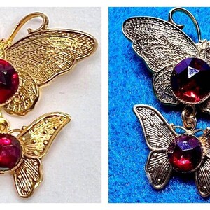 Vintage Gold Victorian Butterfly Brooch Pin Large Red Rhinestones Antique Estate Sale Find image 2