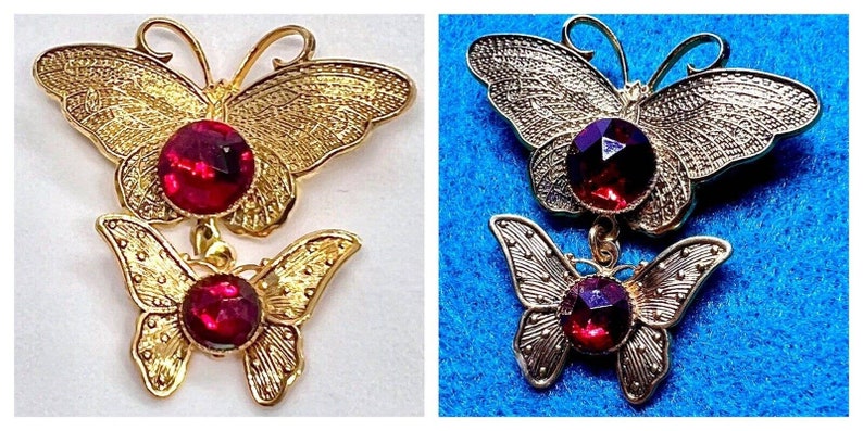 Vintage Gold Victorian Butterfly Brooch Pin Large Red Rhinestones Antique Estate Sale Find image 2