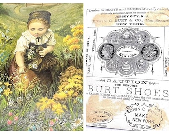 Antique Victorian Trade Card Burt Shoes Advertising 1870's New York Girl Flowers