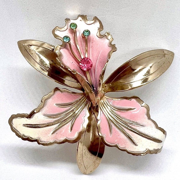 Vintage Cattleya Orchid Gold Brooch Enamel Rhinestone Flower Pin Antique Jewelry