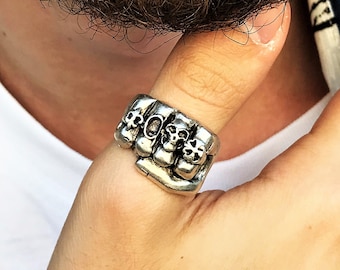 Punch Skull Men's Ring / Handmade Silver Men / Adjustable Antique Jewelry / Vintage / Gothic / Gift for Him