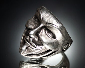 Anonymous Ring / V for Vendetta / Handmade Silver Men Jewelry / Guy Fawkes Gift for Him Clown Mask Vintage Punk Gothic Great Statement Biker