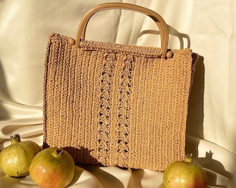 Straw Tote Bag, Wooden Handle, Crochet Tote Bag, Hand Knitted Bag, Beach Bag, Travel Shoulder Bag, Hand Woven Boho, Summer Raffia, Beige