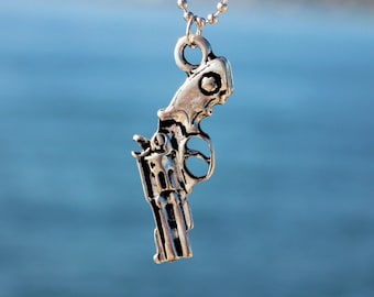 Silver Gun Necklace Custom Design Gothic Jewelry / Handmade Men's Pendant Rap Weapon Machine Hip Hop Pistol Gang Gift for Him Revolver Colt