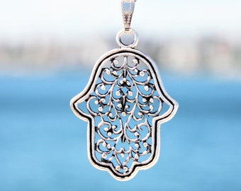 Hamsa Hand Necklace Dainty Jewelry Antique Silver Fatima Pendant Good Luck Protection Fatma Boho Style Amulet Gift