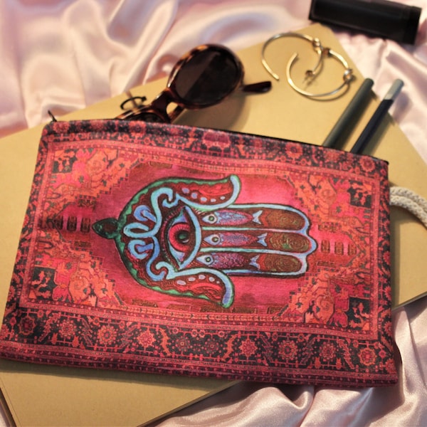 Fatima Hand Ethnic Wallet Coin Purse Pouch Gift Packaging Cosmetic Bag Keychain Zippered Clutch Handmade Handbag Carpet Boho Tribal Hippie