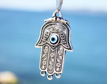 Hamsa Hand Necklace / Evil Eye Jewelry / Antique Silver Fatima Pendant / Good Luck / Protection / Hand of Fatma