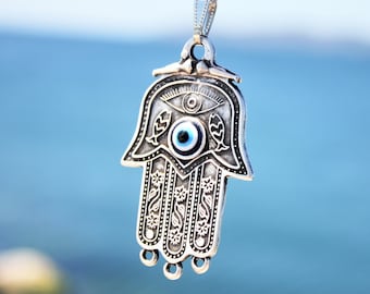 Hamsa Hand Necklace / Evil Eye Jewelry / Antique Silver Fatima Pendant / Good Luck / Protection / Hand of Fatma