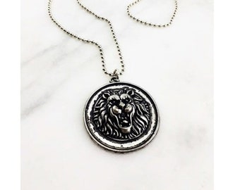 Silver Lion Necklace Power Sign Vintage Lion Medallion Special Production Zodiac Jewelry Head Disc Heraldic Symbol Leo  Gift for Him Unisex
