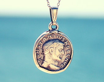 Silver Ancient Roman Necklace / Constantine I Medallions / Roman Imperial Coin Charm / Old Style / Vintage Necklace / Mother Father Gift