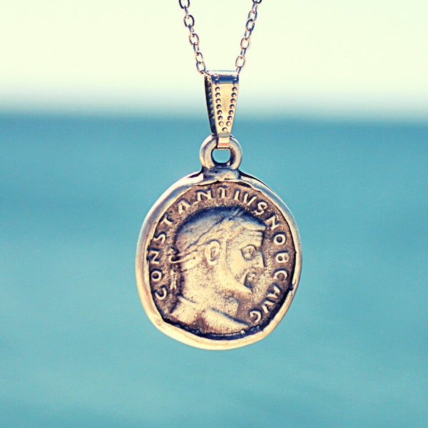 Silver Ancient Roman Necklace / Constantine I Medallions / Roman Imperial Coin Charm / Old Style / Vintage Necklace / Mother Father Gift