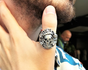Pirate Ring Skull and Crossbones Anchor Signet Handmade Silver Men Adjustable Undead Gothic Death Zombie Walker Voodoo Jewelry Gift for Him