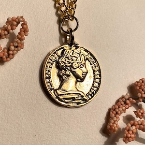 Queen Elizabeth Coin Medallion Vintage Necklace Ancient Greek Charm Jewelry Gold Pendant Christmas Gift